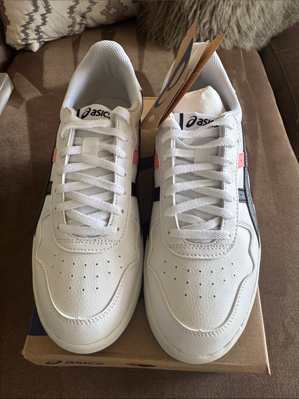 ASICS White Sneakers with Black Stripes and Pink Accents New with tags and box.